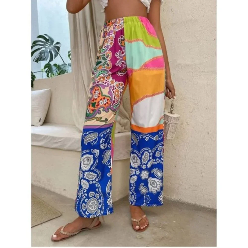 High Waist Floral & Paisley Print Straight Leg Pants